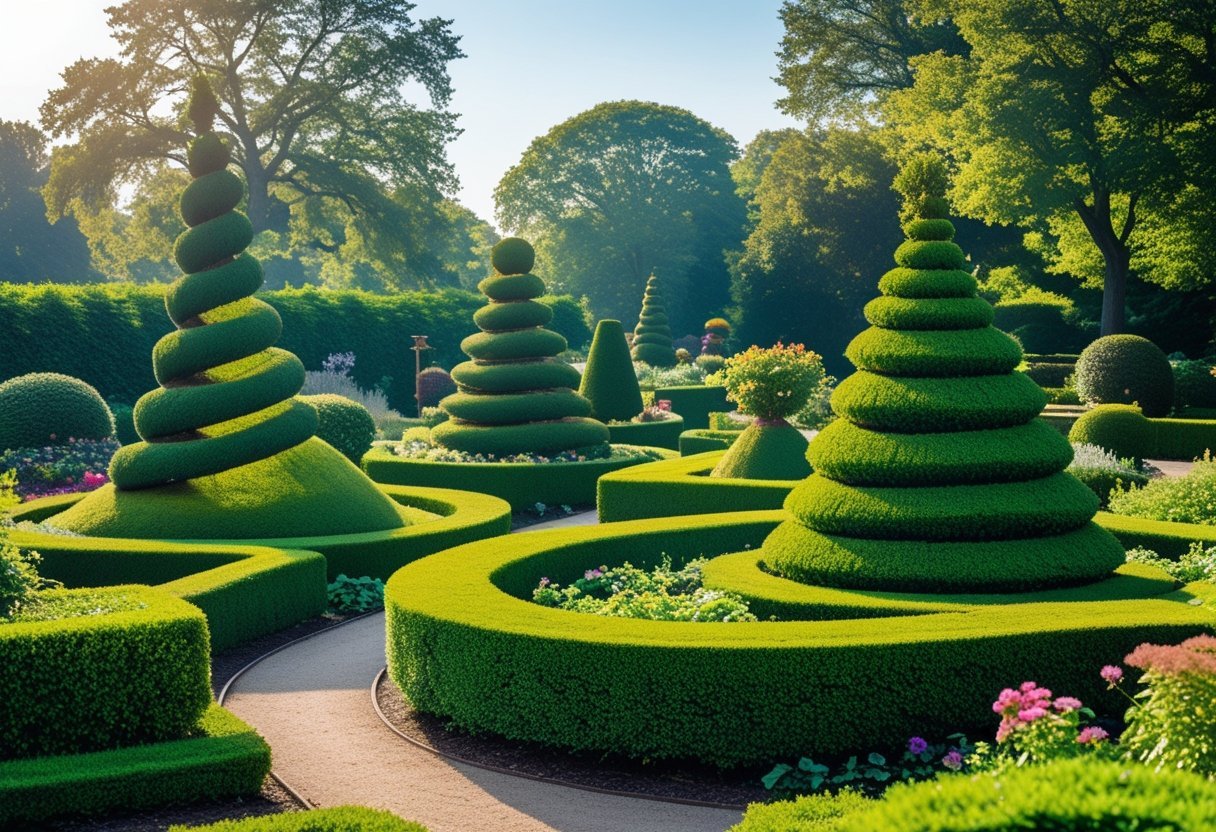 A lush garden with neatly trimmed shrubs shaped into geometric and animal forms, surrounded by flowering plants and winding pathways under a clear sky.