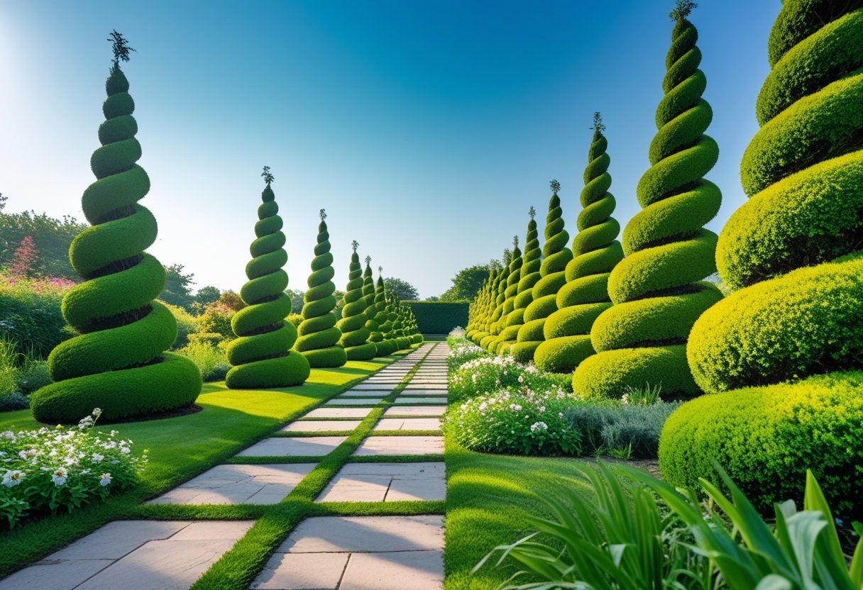 A garden with neatly trimmed spiral-shaped topiary bushes along a stone pathway under a clear sky.