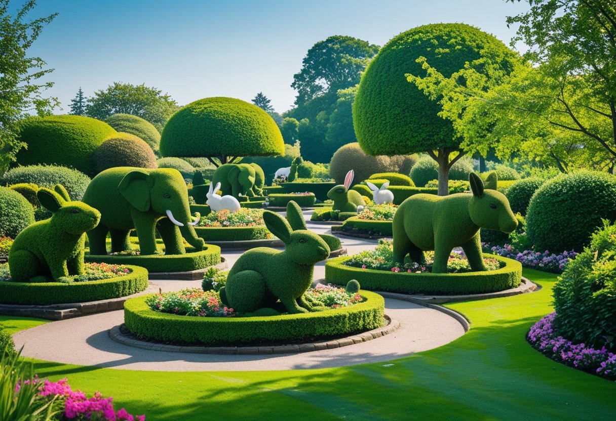 A garden with several shrubs trimmed into animal shapes like elephants and rabbits, surrounded by flowers and grass under a clear sky.