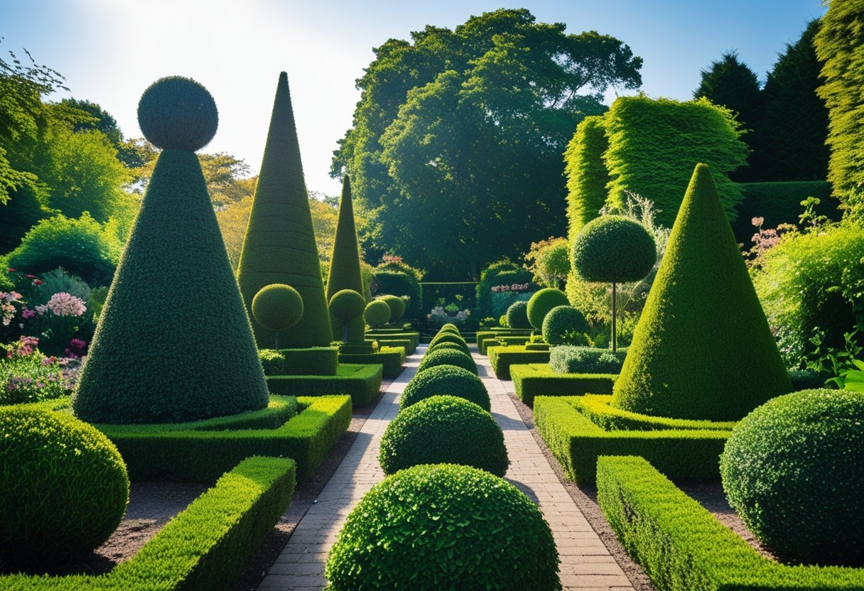 A garden with neatly trimmed shrubs shaped into spheres, cones, spirals, and cubes arranged along a pathway.