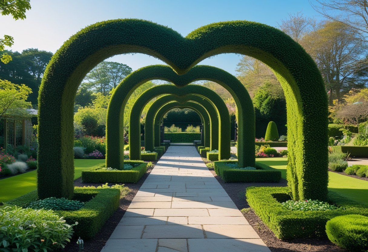 A garden with several green arched topiary entryways along stone pathways surrounded by flowers and trees.