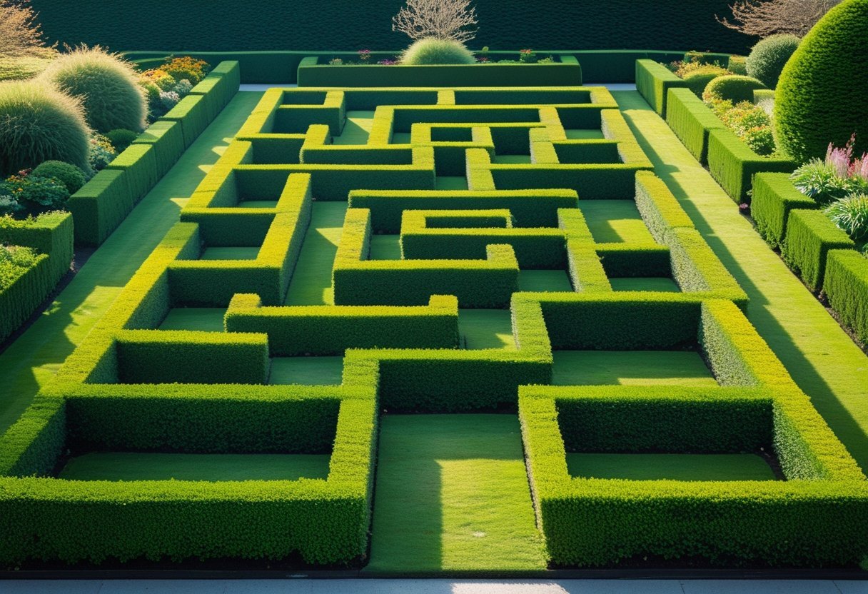 A lush green topiary garden with neatly trimmed hedges forming a complex maze of pathways.