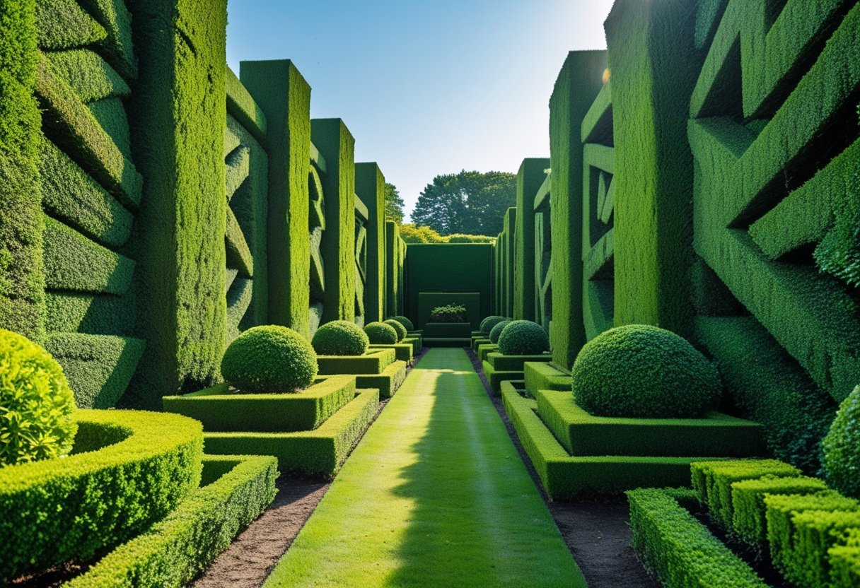 A garden with neatly trimmed topiary walls and hedges shaped into geometric patterns under a clear blue sky.