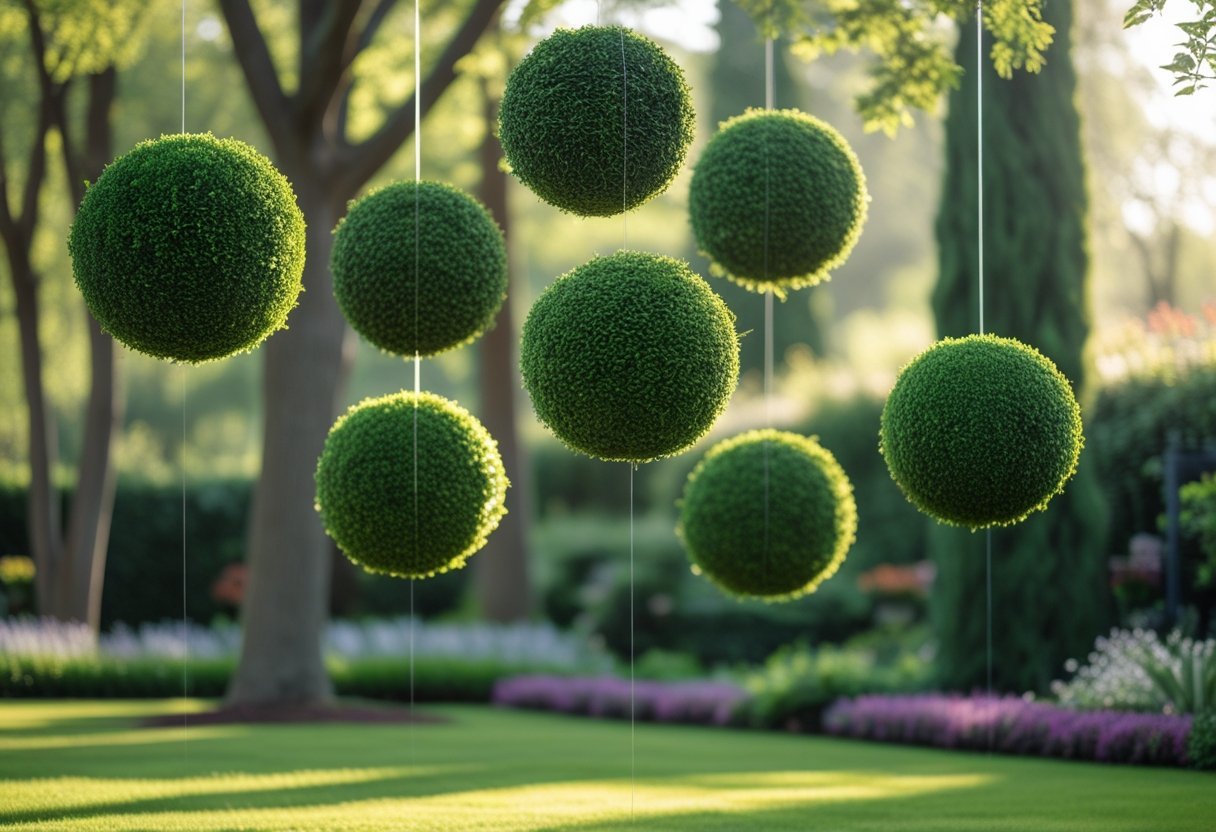 A garden with seven green topiary balls floating above the grass among trees and flowers.