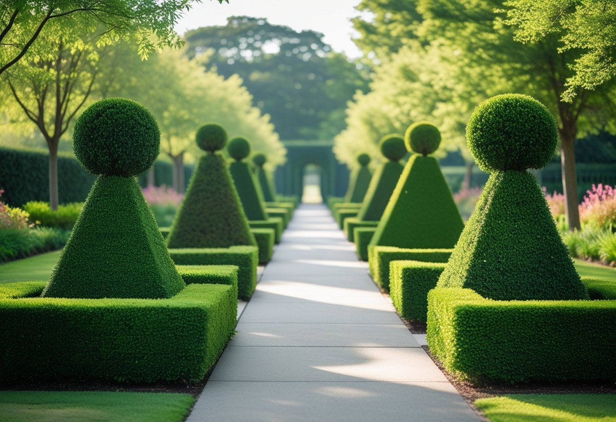 A walkway lined with neatly trimmed topiary bushes shaped into various forms in a green garden.