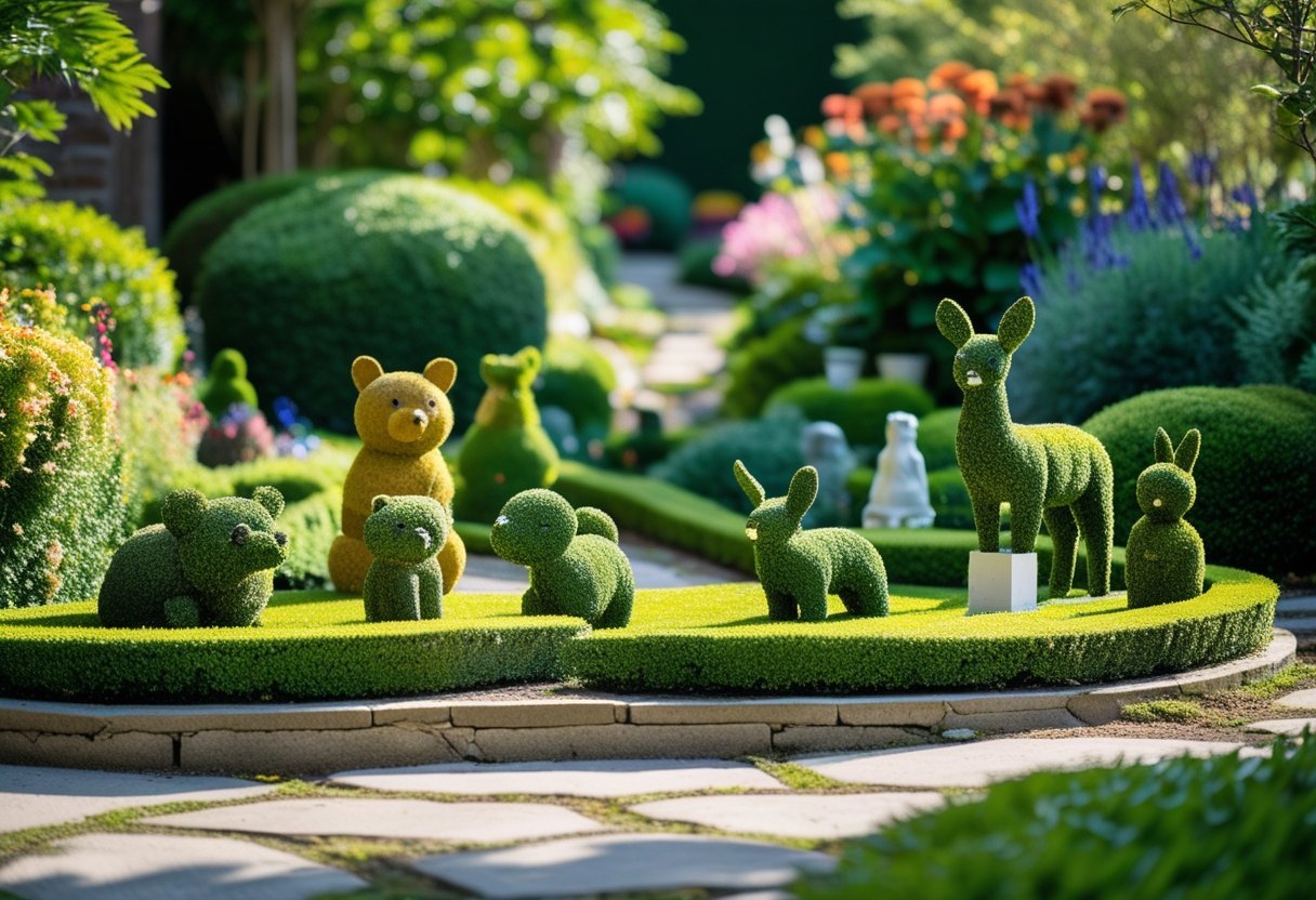 A miniature topiary garden with small sculpted bushes shaped like animals and geometric figures surrounded by green plants and colorful flowers.
