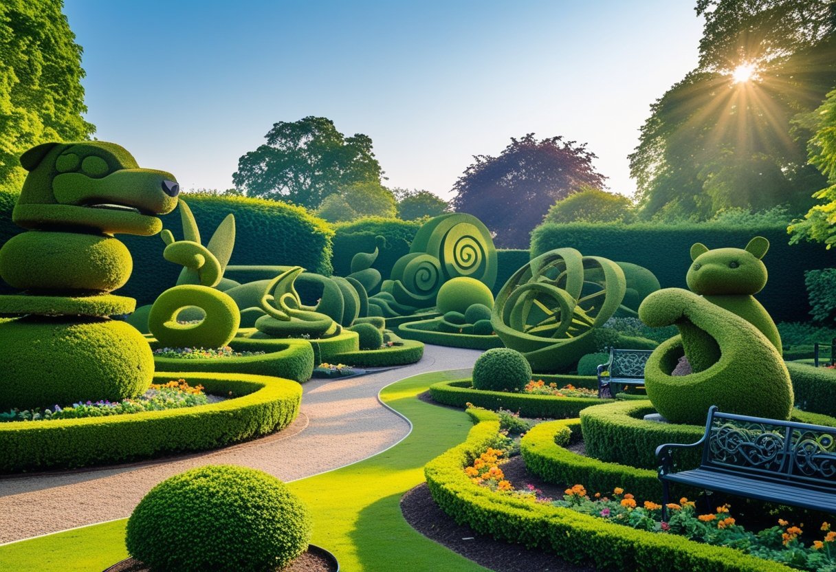 A garden with various green shrubs trimmed into artistic shapes along pathways under a blue sky.