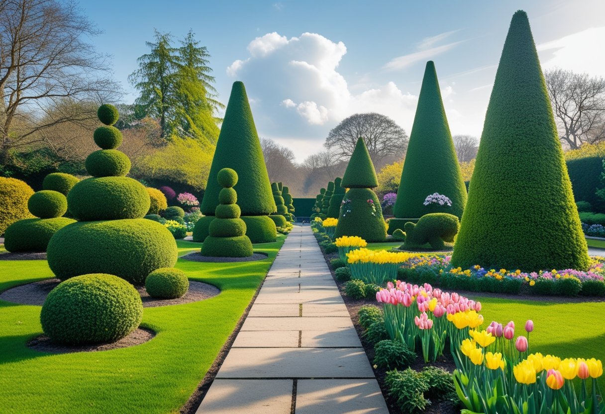 A garden with various shaped evergreen shrubs and seasonal flowers arranged along a path under a clear sky.