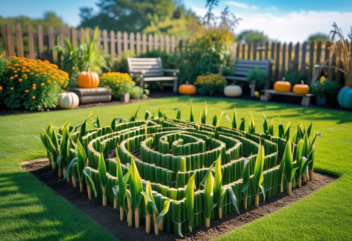 A small corn maze in a garden surrounded by green grass, flowers, and wooden benches under a clear blue sky.