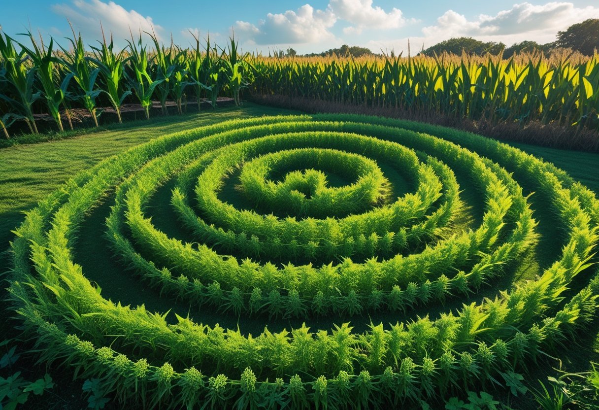 A spiral-shaped mini corn maze garden with green corn stalks forming clear paths under a blue sky.