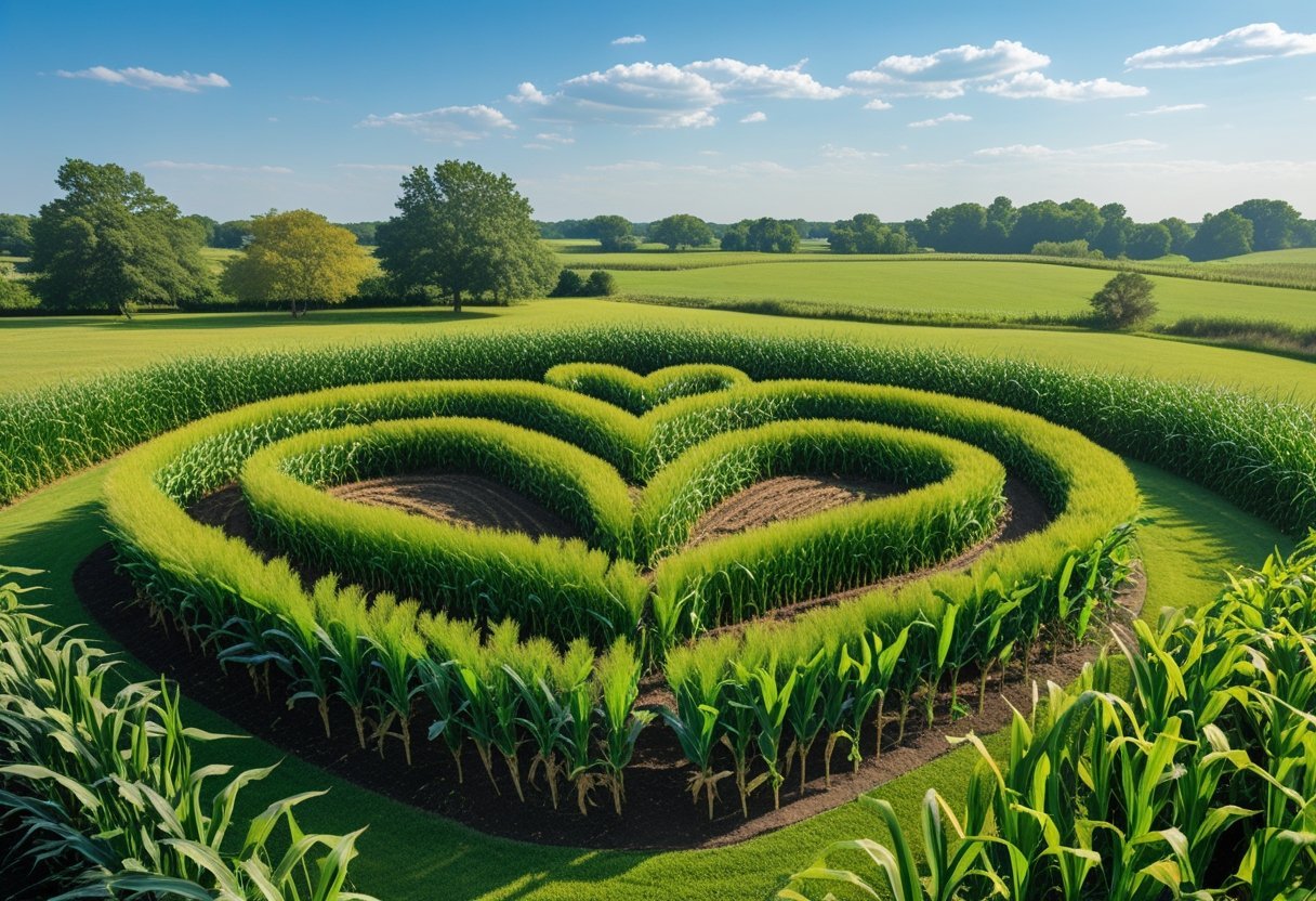 A heart-shaped corn maze in a green field viewed from above on a sunny day.