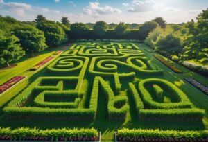 Aerial view of a mini corn maze shaped like large alphabet initials in a garden surrounded by grass, flowers, and trees under a blue sky.