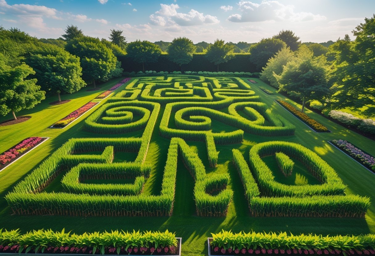 Aerial view of a mini corn maze shaped like large alphabet initials in a garden surrounded by grass, flowers, and trees under a blue sky.