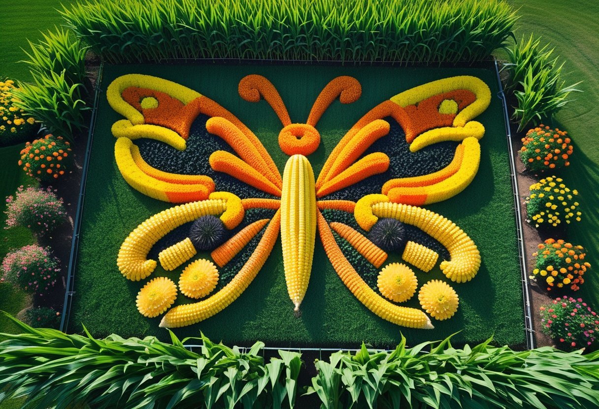 Aerial view of a butterfly-shaped mini corn maze surrounded by a garden with flowers and green grass under a clear sky.