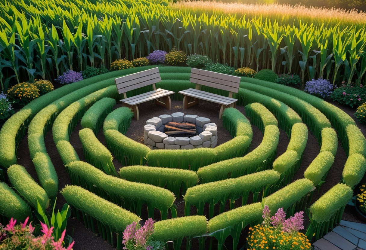 A circular corn maze with tall green stalks and a central seating area featuring wooden benches around a stone fire pit surrounded by garden plants.