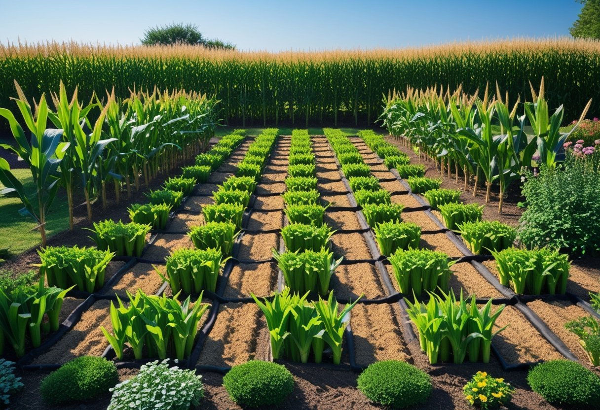 An aerial view of a small corn maze arranged in a checkerboard pattern with green corn plants and brown soil paths in a garden setting.