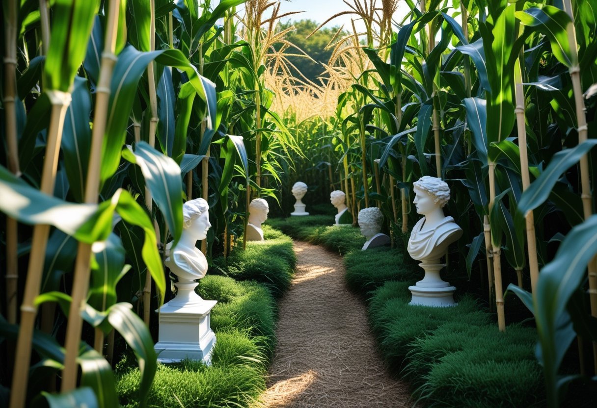 A mini corn maze with winding paths and hidden garden statues among tall green corn stalks.
