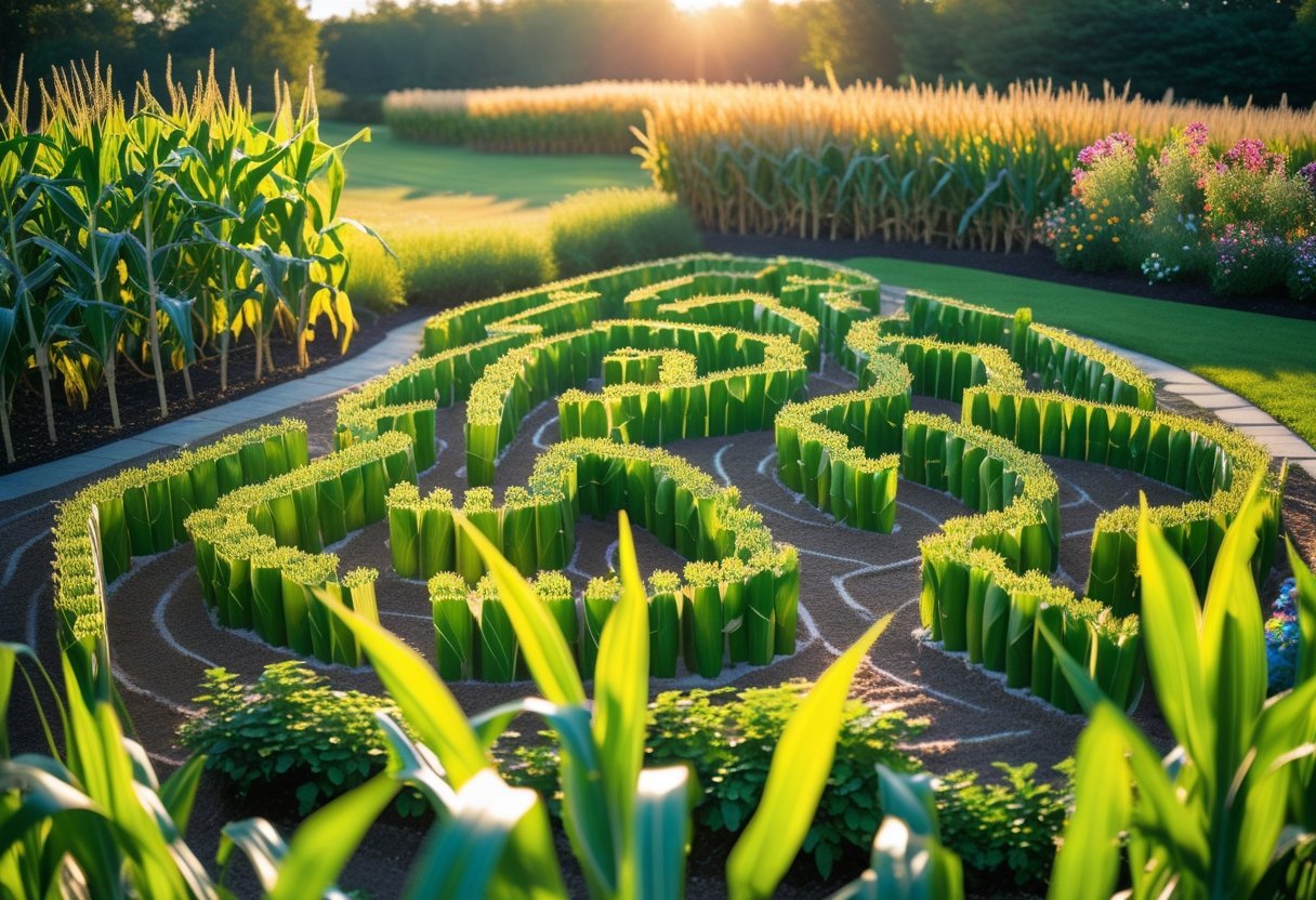 A small corn maze with low-growing corn plants forming winding paths in a garden setting under sunlight.
