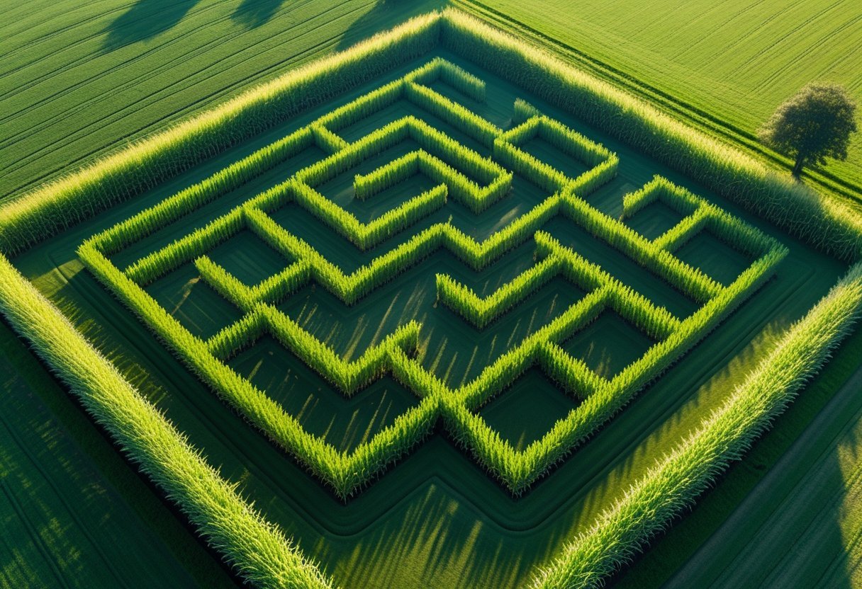 A detailed aerial view of a corn maze with multiple winding paths and exits in a green field under a clear sky.