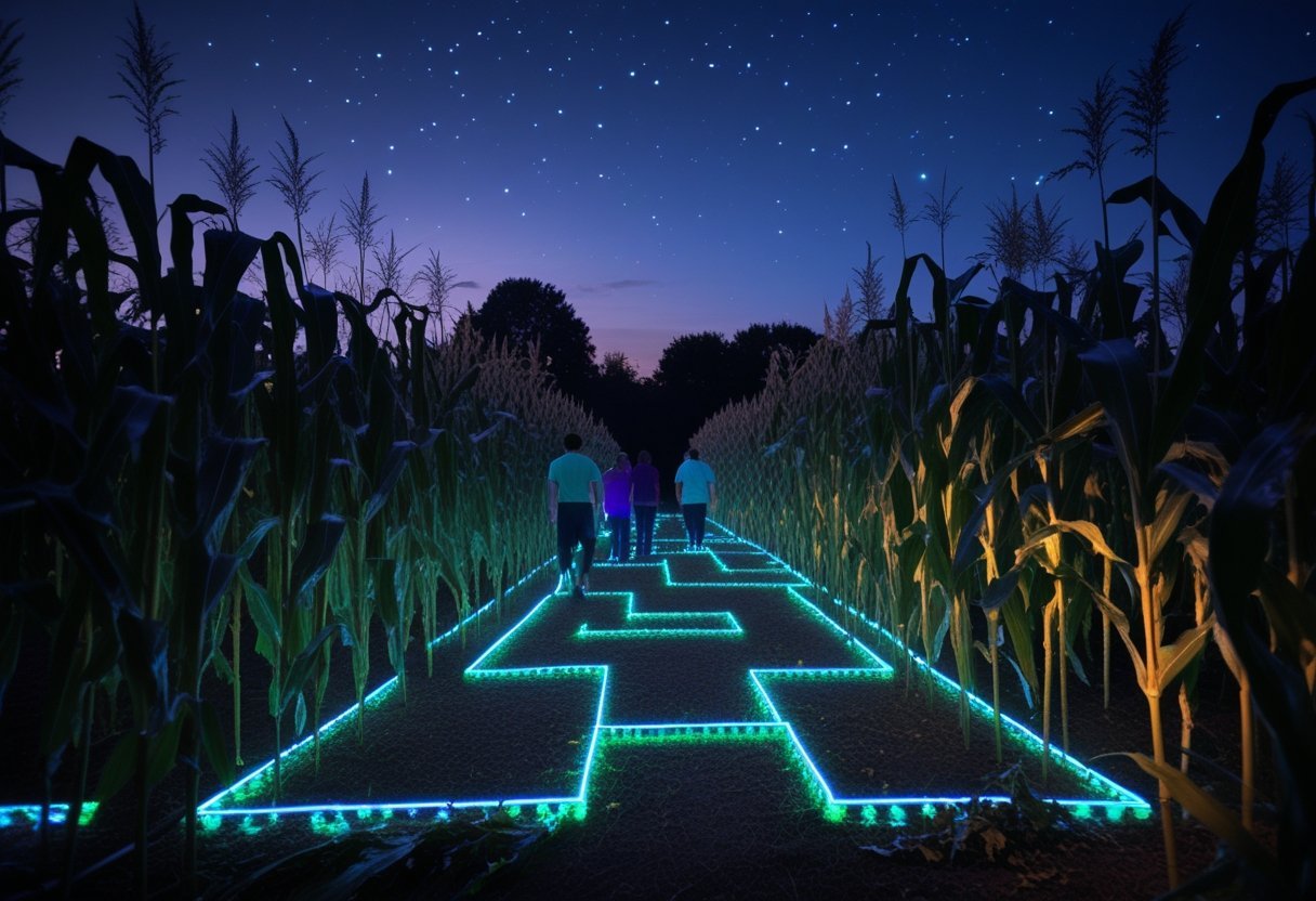 A glow-in-the-dark corn maze at dusk with illuminated paths and people walking through it.