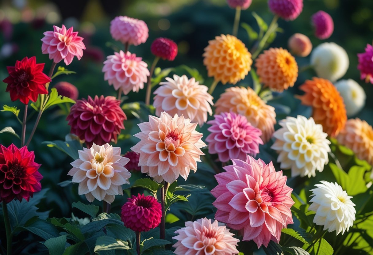A garden scene with various colorful dahlia flowers in full bloom surrounded by green leaves.