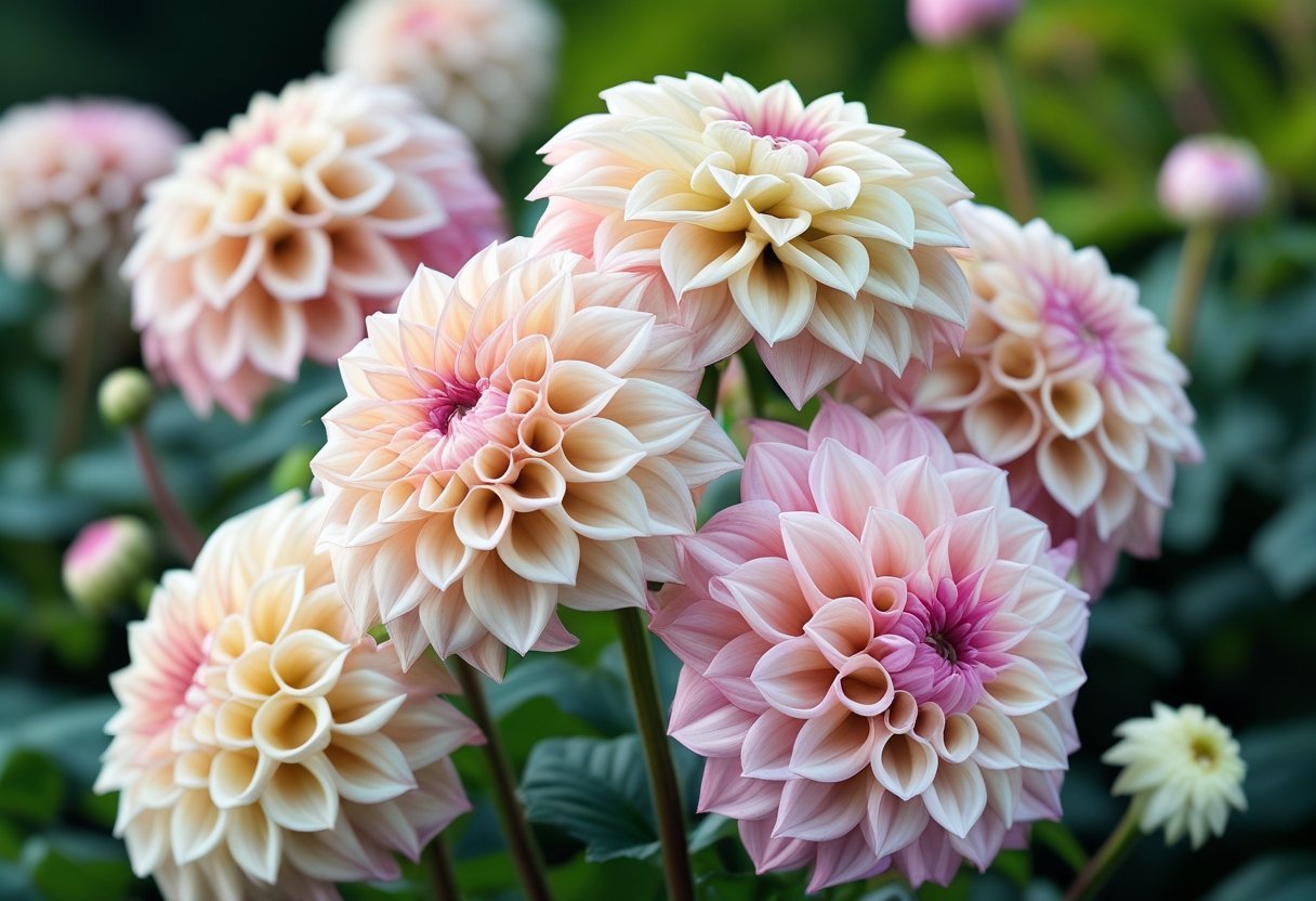 Close-up of creamy beige and blush pink Café au Lait Dahlia flowers blooming in a garden with green leaves in the background.