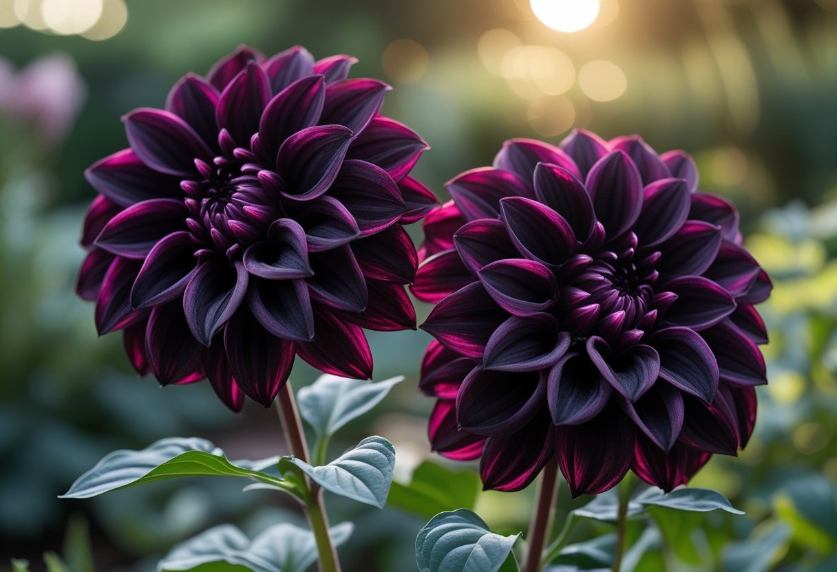 Two dark burgundy Arabian Night Dahlia flowers blooming among green leaves in a garden.