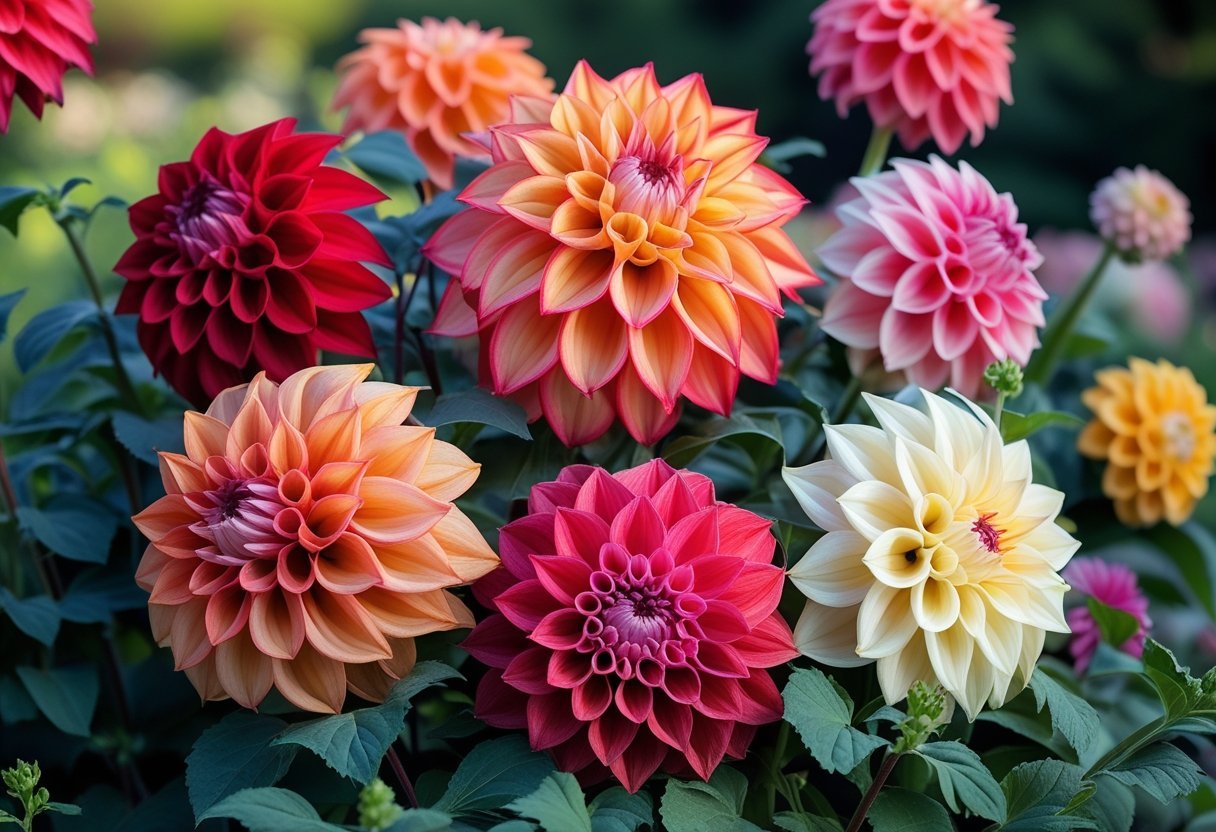 Three large, colorful Dinnerplate Dahlia flowers blooming in a garden with green leaves around them.