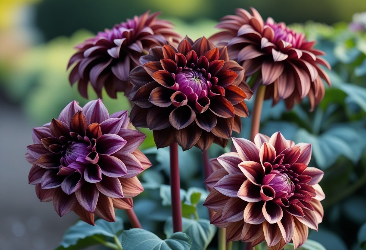Close-up of four deep chocolate brown Karma Choc Dahlia flowers blooming together with green leaves in the background.
