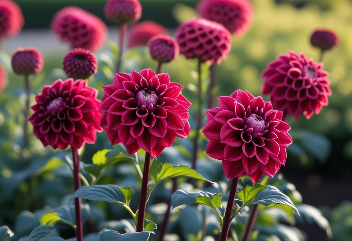 Close-up of deep red Bishop of Llandaff Dahlia flowers with green leaves in a garden setting.
