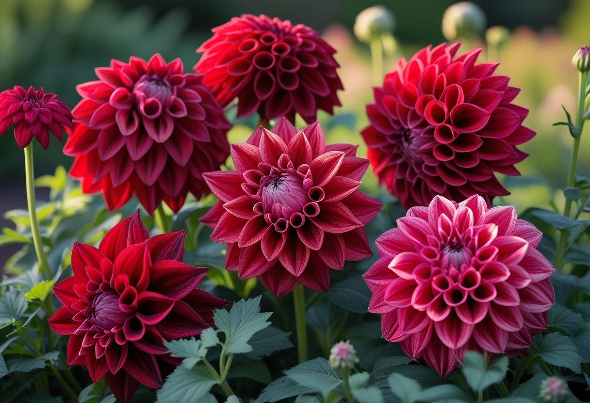 Six deep red dahlia flowers in full bloom surrounded by green leaves in a garden.