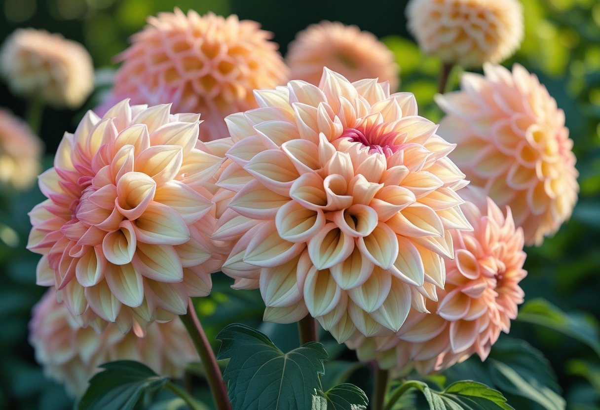 Close-up of several peach and cream colored dahlia flowers with green leaves in a garden setting.