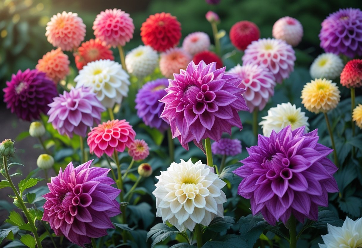 A garden bed filled with various blooming Dahlia flowers, including deep purple Thomas A. Edison Dahlias, surrounded by green leaves.