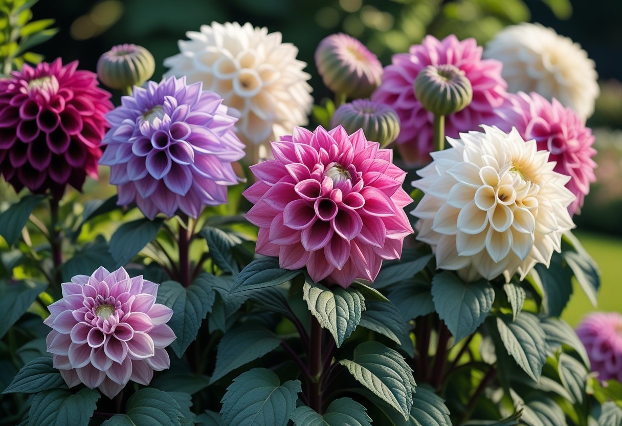 A close-up view of several colorful Kelgai Ann Dahlia flowers blooming in a garden with green leaves.