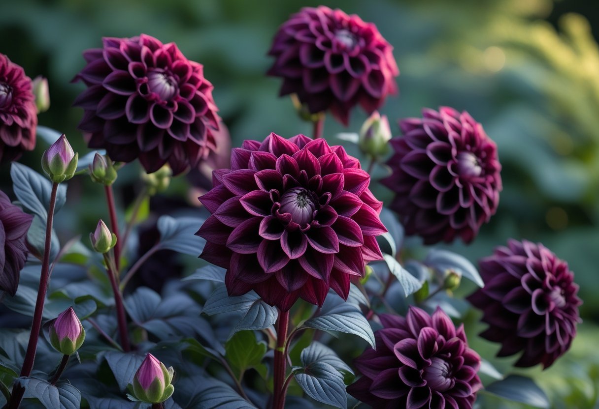 Close-up of deep burgundy Penhill Dark Monarch Dahlia flowers blooming in a green garden.