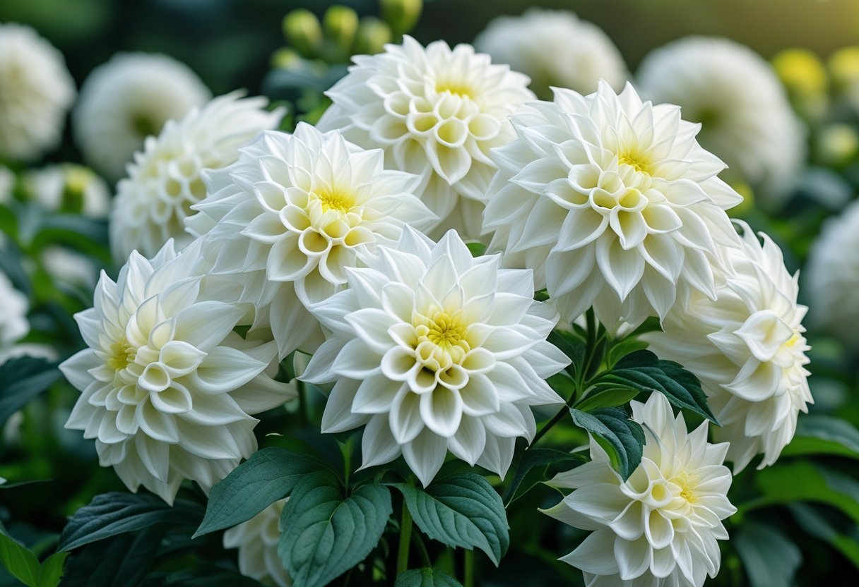 A close-up view of several white dahlia flowers with green leaves in a garden setting.