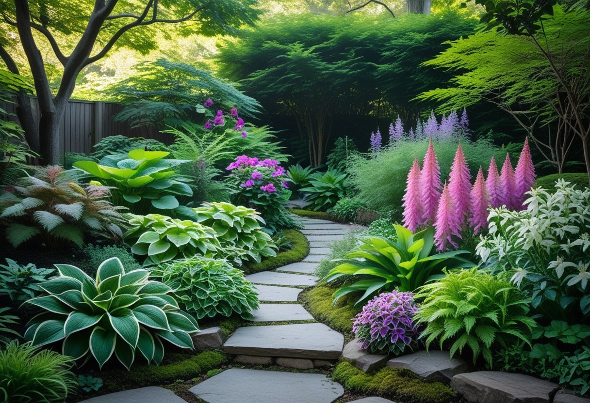 A shaded garden with various green leafy plants and colorful flowers under a tree canopy, featuring a stone path winding through the plants.