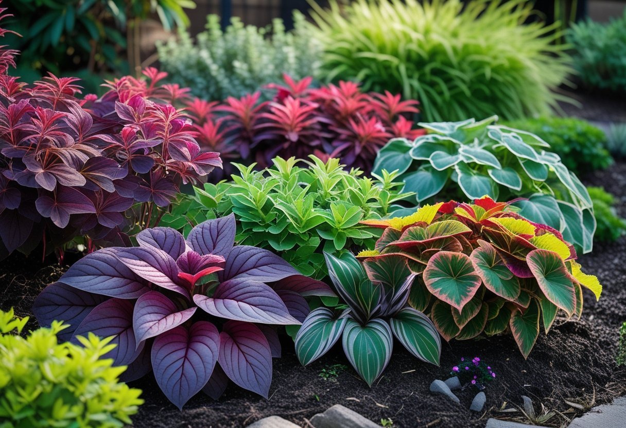 A vibrant garden bed filled with colorful foliage plants including Coleus and Heuchera with richly colored leaves in reds, purples, greens, and yellows.