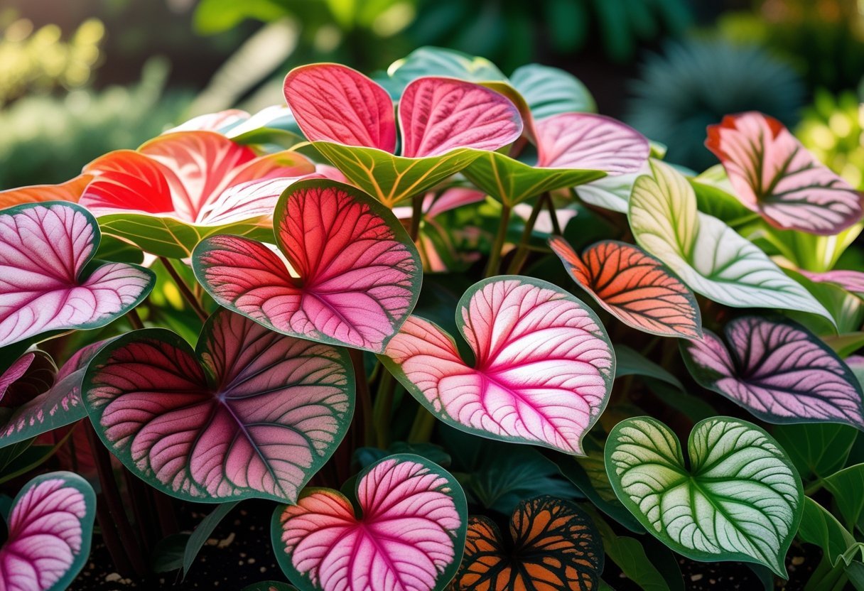 Close-up of colorful Caladium plants with large, patterned leaves in a vibrant garden.