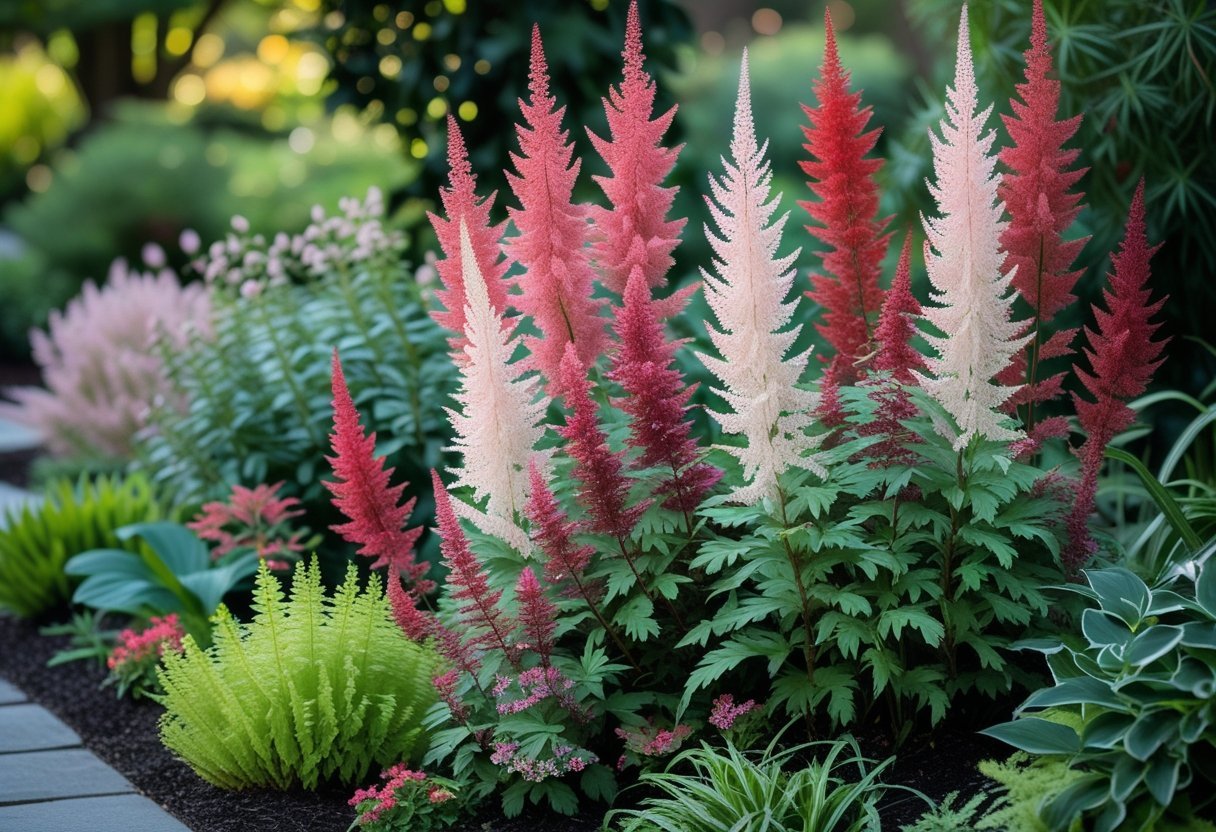 A vibrant garden with blooming Astilbe flowers and green foliage in a shaded area.