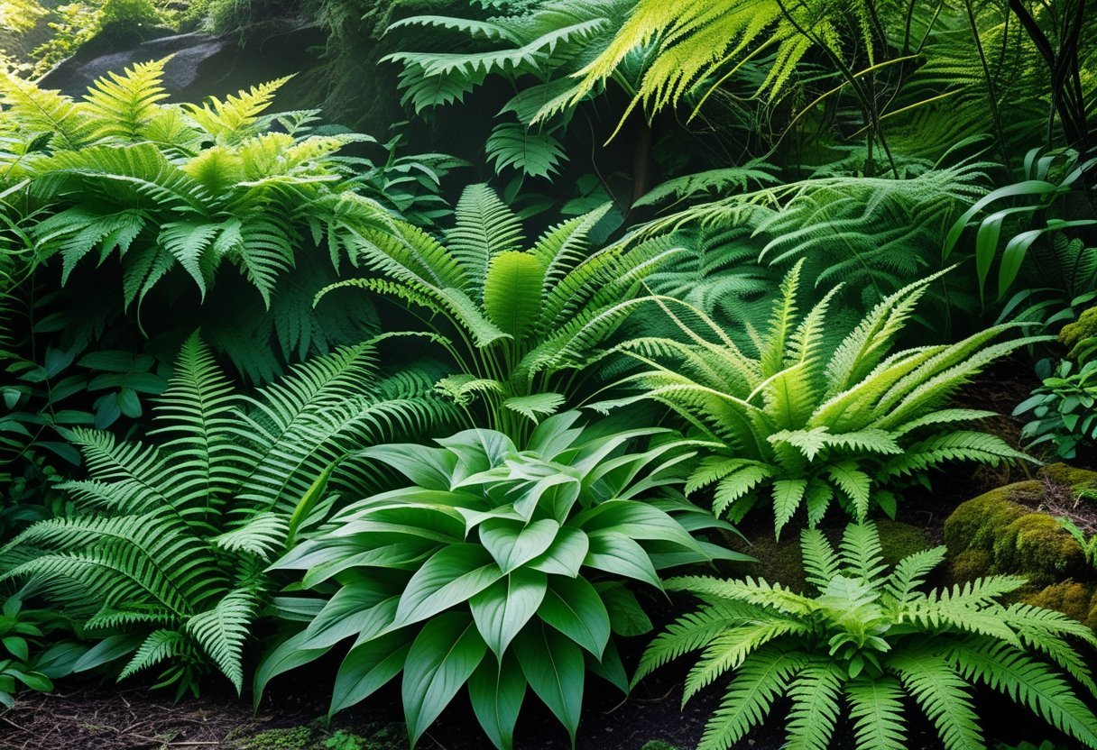 A garden filled with various types of ferns displaying different leaf shapes and shades of green.