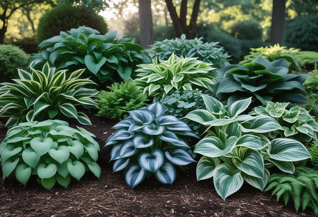 A garden bed filled with hosta plants in various shades of green and sizes, surrounded by moss and ferns under soft shade.
