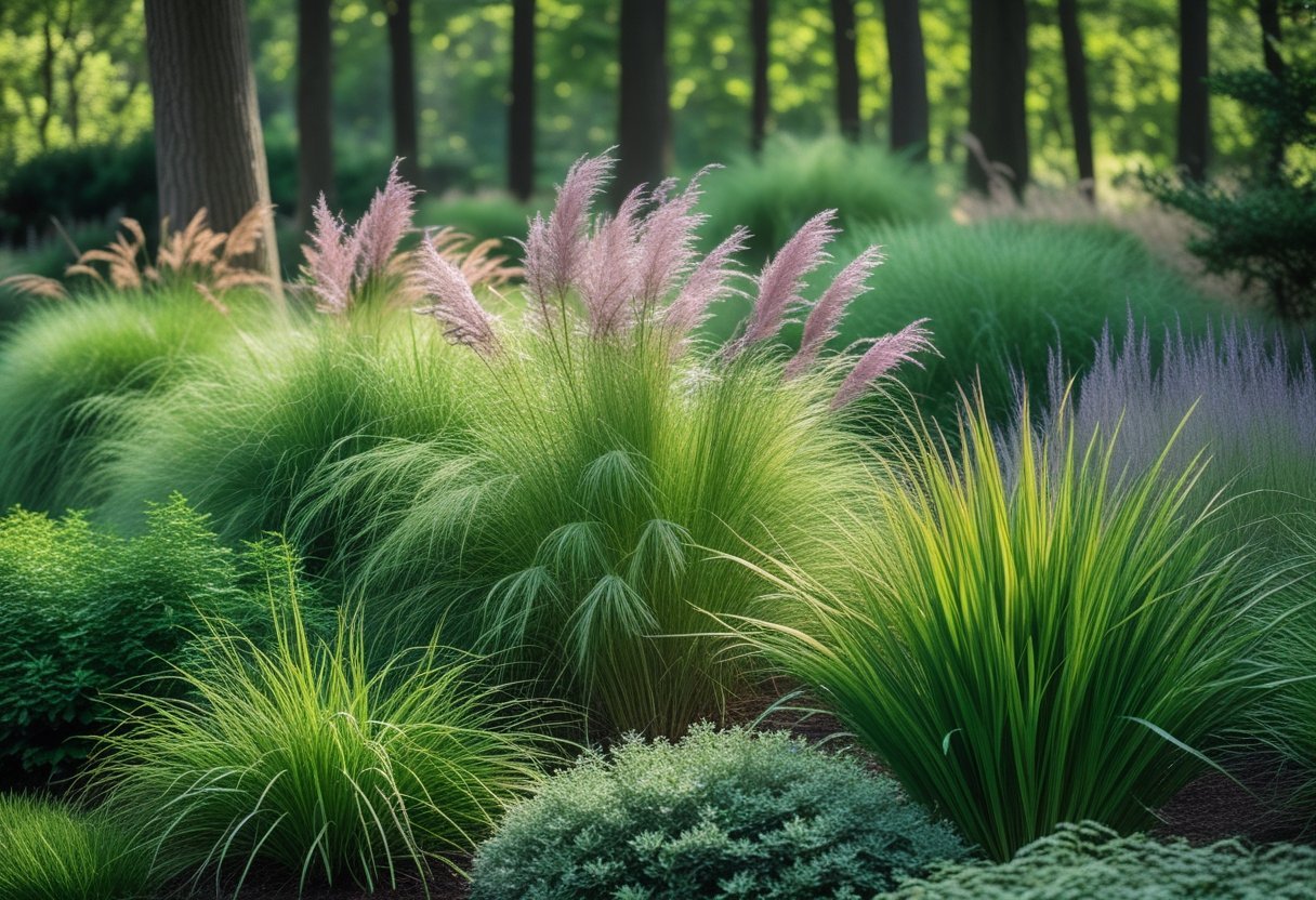 A shaded garden filled with various green ornamental grasses growing under tall trees with soft light filtering through.