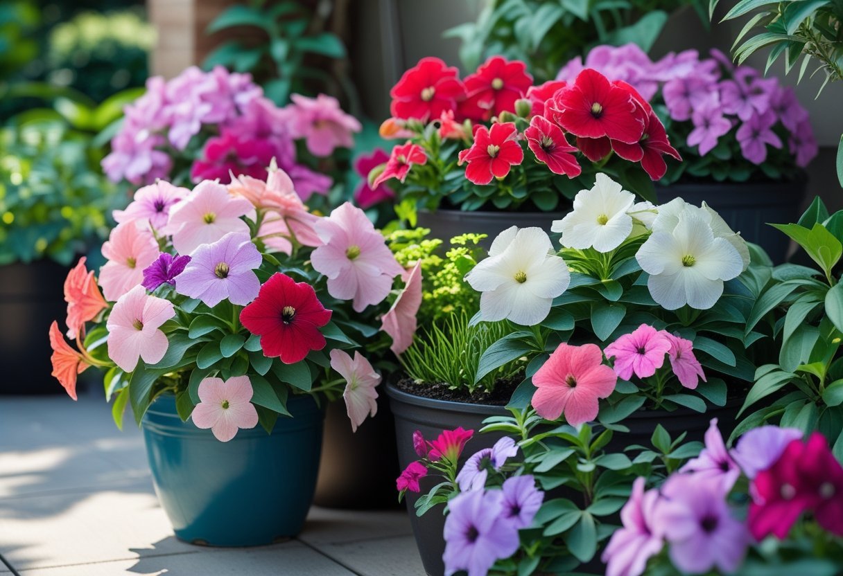Container garden with colorful blooming Impatiens flowers in a shaded outdoor setting surrounded by green plants.