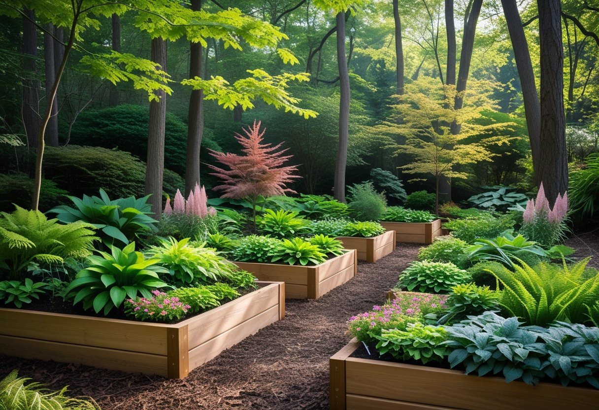 A vibrant woodland garden with wooden raised beds filled with lush shade-loving plants surrounded by tall trees and soft sunlight.