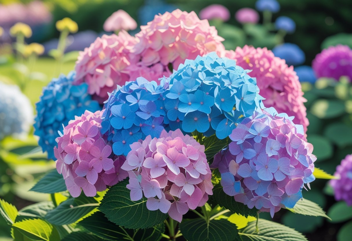 A cluster of bright hydrangea flowers in pink, blue, and purple surrounded by green leaves in a garden.