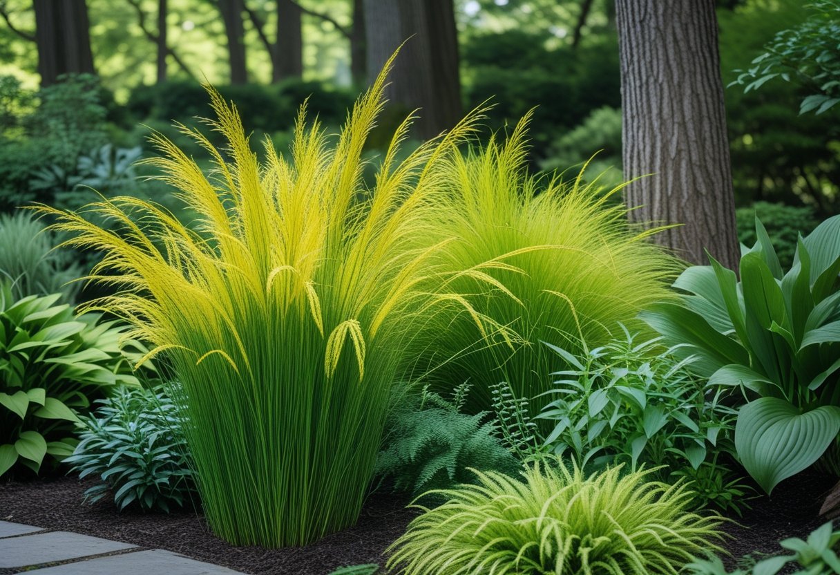 A shaded garden with vibrant Japanese forest grass surrounded by green leafy plants and trees.