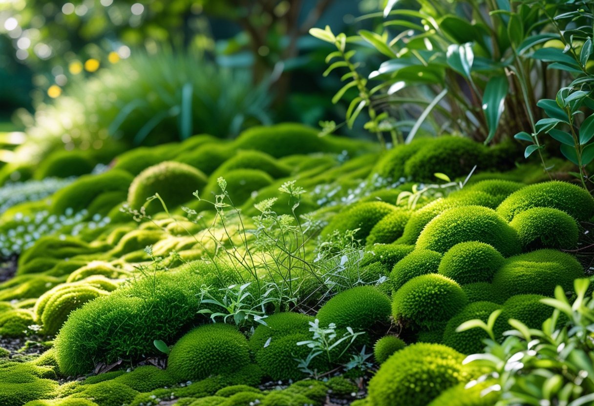 Close-up view of vibrant green moss covering the ground in a peaceful garden setting with soft sunlight filtering through surrounding plants.