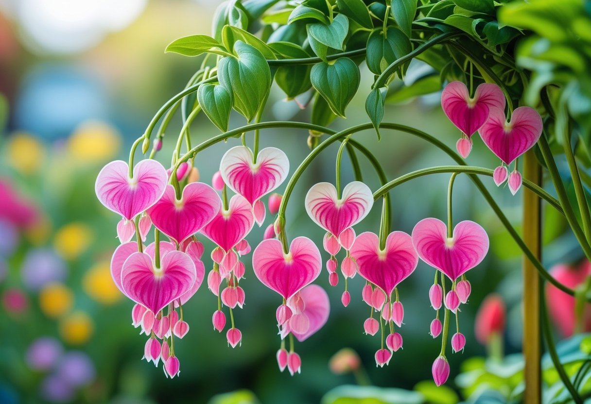Close-up of vibrant pink and white Bleeding Hearts flowers hanging from green stems in a garden.