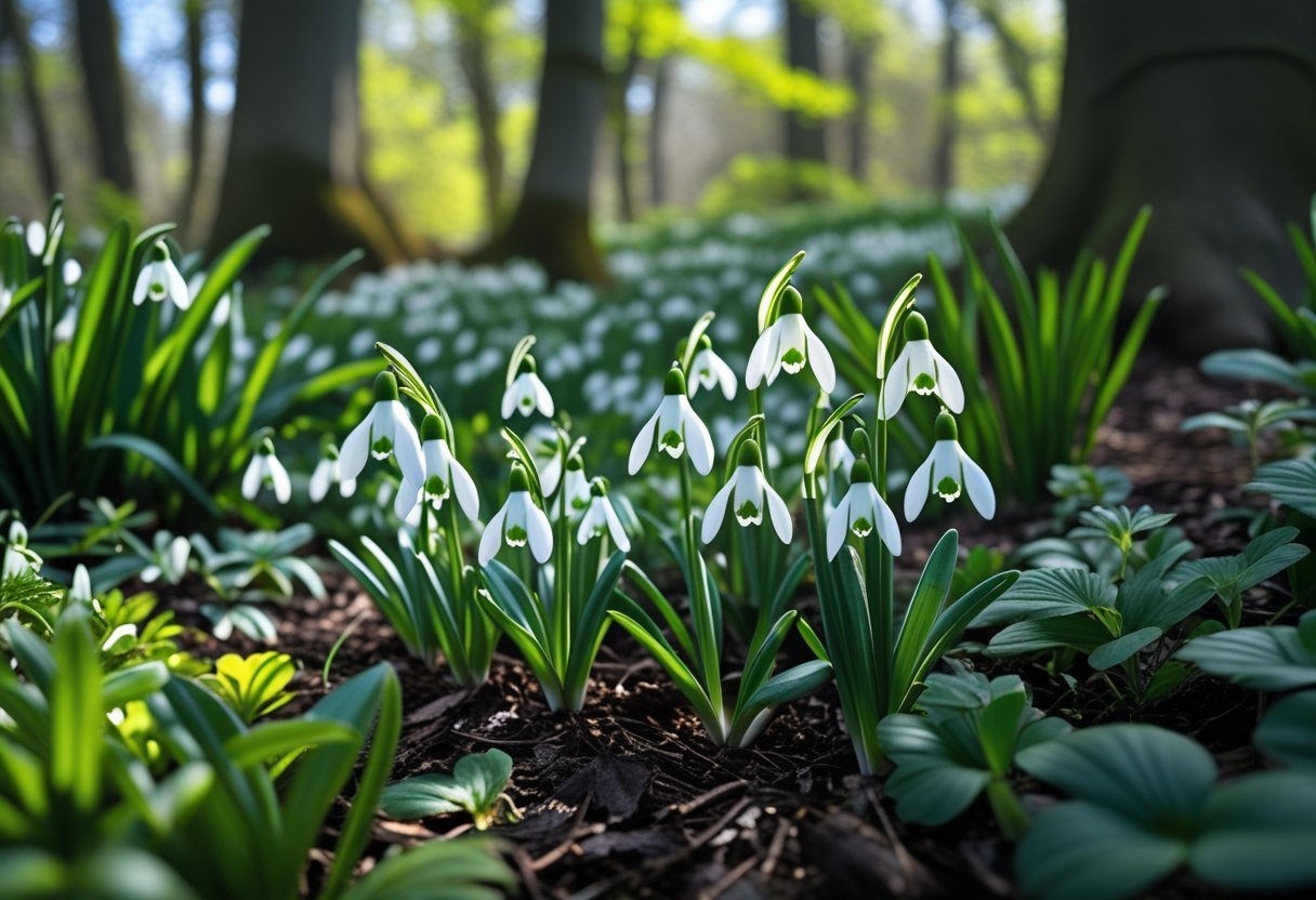 Close-up of snowdrop flowers blooming in a shaded garden surrounded by green plants and dappled sunlight.